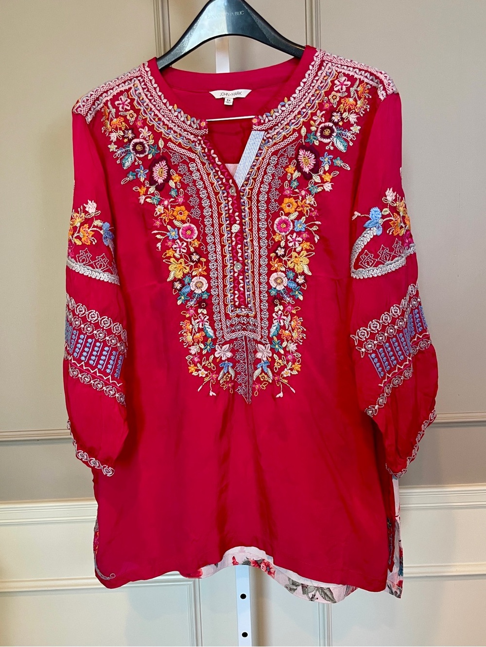 John Mark 3X Floral Embroidered Tunic Shirt Blouse Popover Raspberry Hot Pink
